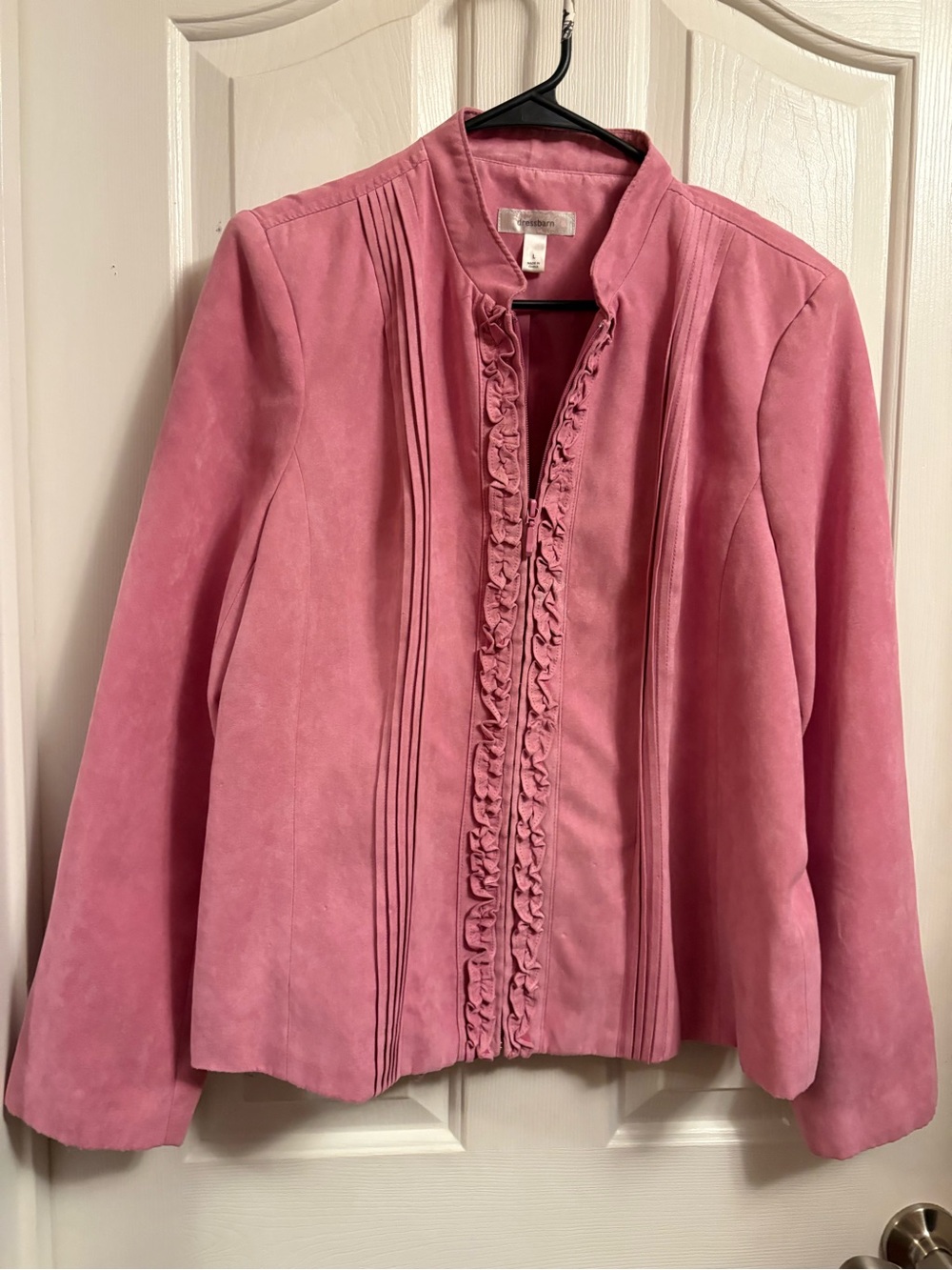 Women’s Pink Suede Ruffle-Front Jacket